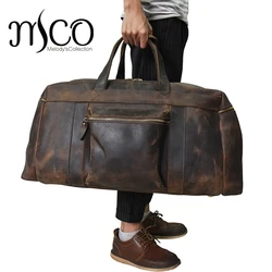 Vintage Genuine leather Men Travel bag big capacity durable casual Crazy horse leather travel duffel male shoulder weekend bag