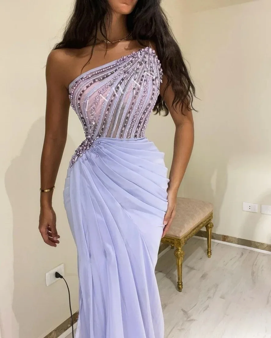 Lilac Beaded Prom Dresses Sequins Sexy Luxury Long Evening Dresses Zipper Back Saudi Arabia Wedding Party Dress Special Occasion