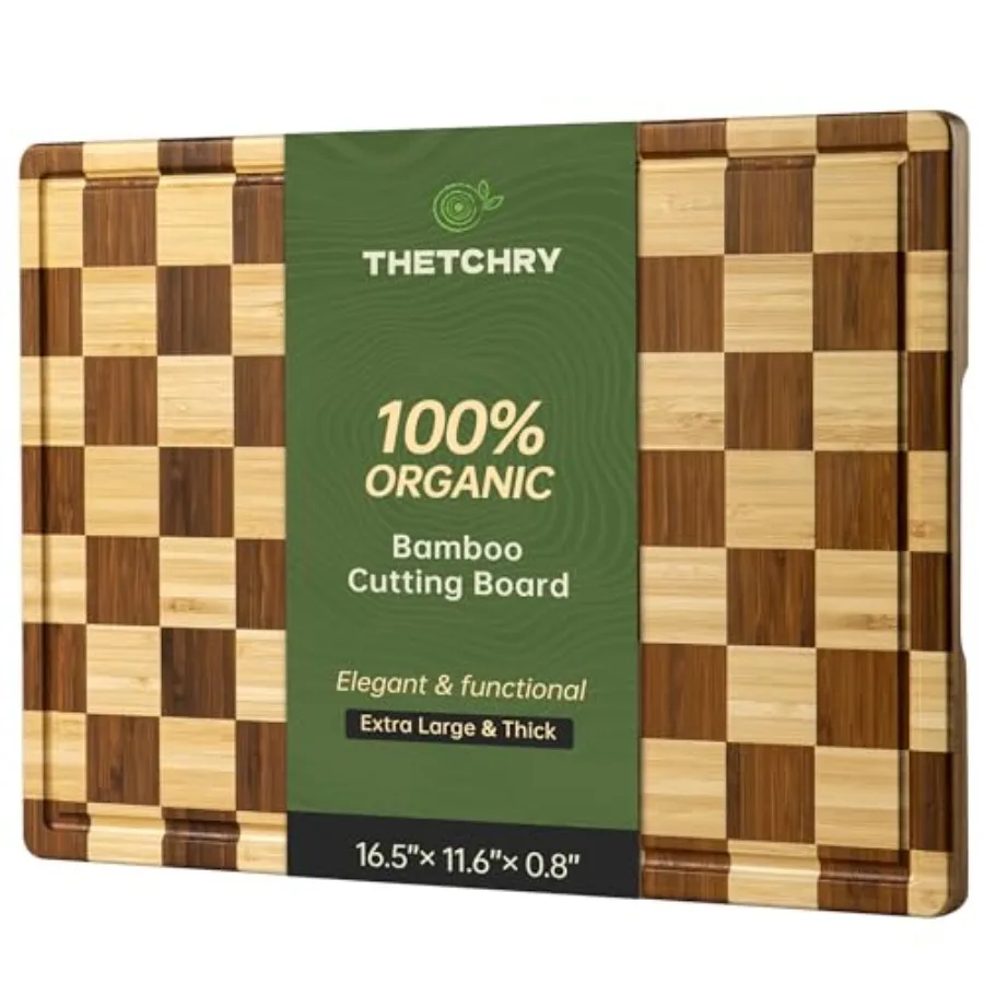 

Bamboo Cutting Boards for Kitchen, Checkered Wooden Cutting Board with Juice Groove, Non Slip, Non Toxic Serving Tray, Thick La