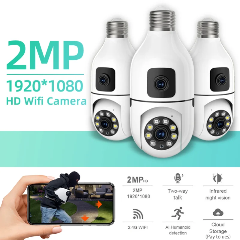 1080p Wifi Camera Security 2mp Dual Lens E27 Connector Cctv Ip Camera Two Way Talk Ai Mobile Tracking Samrt Home