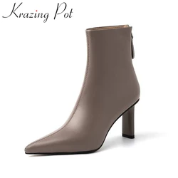 Krazing Pot krowa skóra szpiczasty nosek wysokie obcasy zamek nowoczesne buty ciepłe zimowe buty prosta moda solidne eleganckie botki