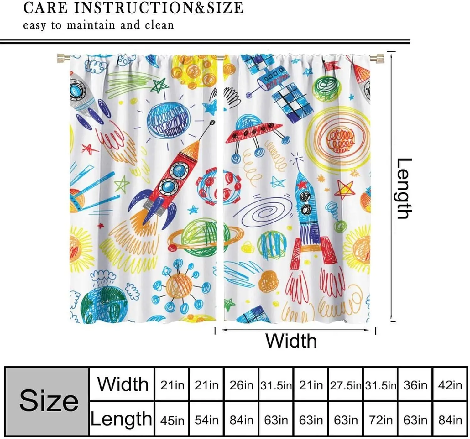 Kids Doodle Blackout Curtains Watercolor Space Universe Rockets UFOs Earth Planets Colorful Hand-Painted Crayon Art Window