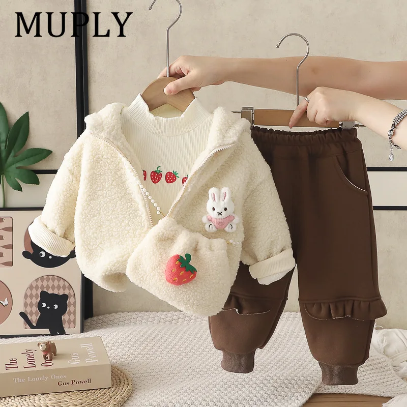Girls 3Pcs Outfit Set Plush Fleece Hoodie Coat Strawberry Ruffle Loose Pants utumn Winter Warm Kids Clothing Girl Outfit