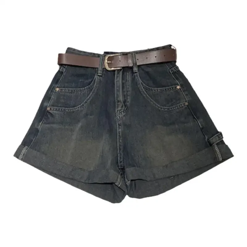 Neue Retro-Jeansshorts mit gerolltem Rand, 2025, hohe Taille, lockeres gerades Bein, A-Linie, weites Bein, schicke Tasche, heiße Jeanshose