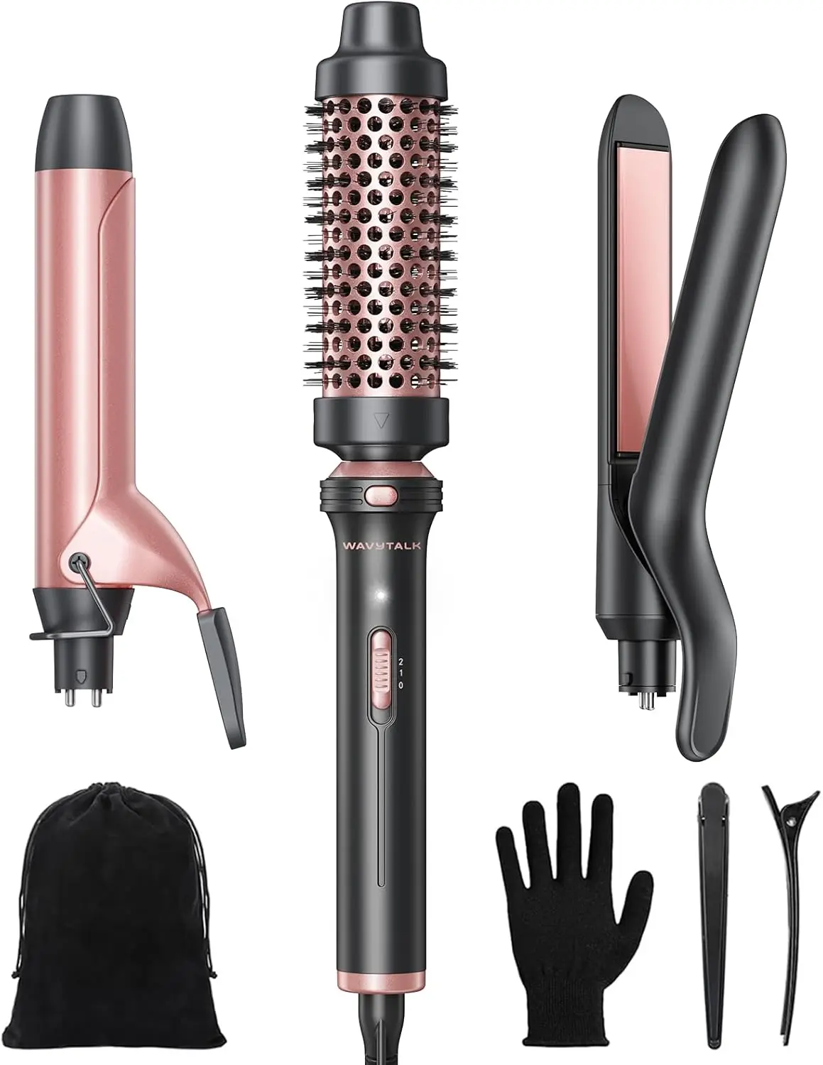 

3-in-1 Curling Wand Set with Heated Round Brush, Flat Iron, and Dual Voltage for Multi-Styling
