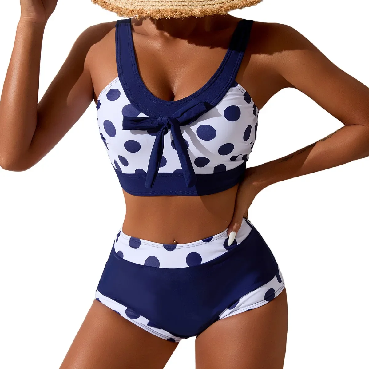 

Blue polka dot sports high waist split swimsuit two-piece set