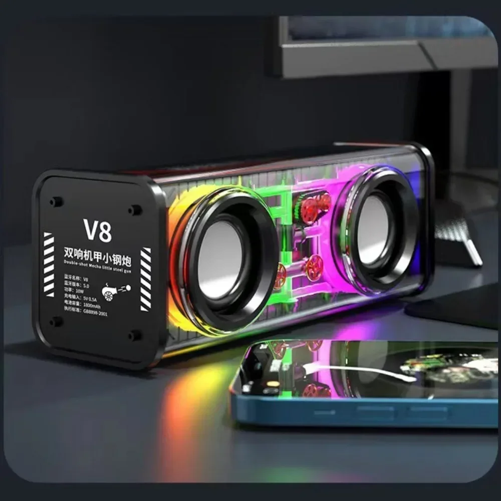 V8 Transparent Mecha Speakers Bluetooth 5.0 Wireless Double Bass Diaphragm Subwoofer Music TWS RGB Light Mini Party Loudspeaker