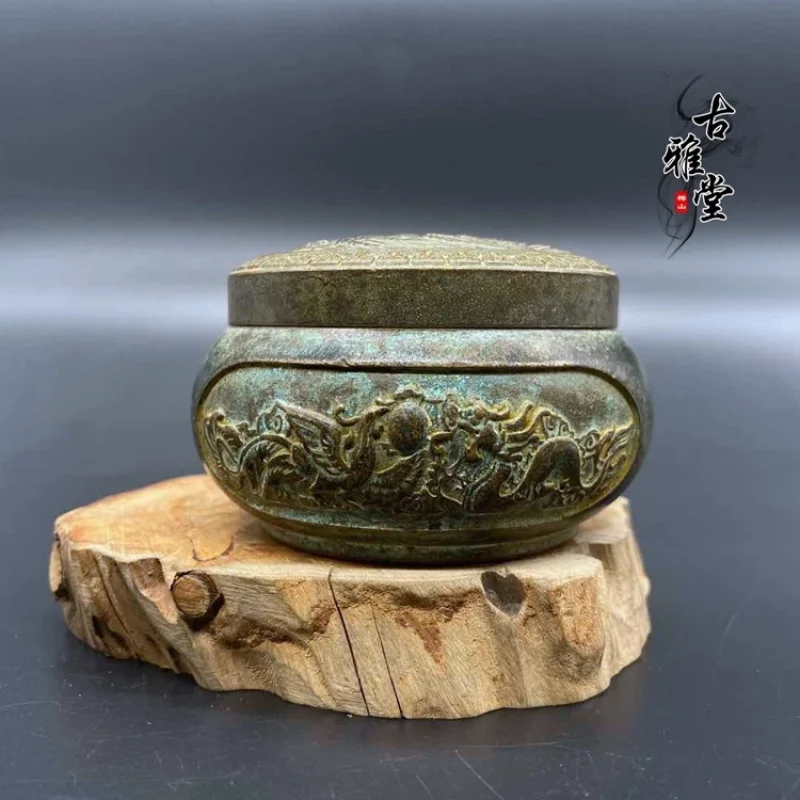 Antique-style pure copper incense burner ornament with design, vintage dragon and phoenix auspicious motif in