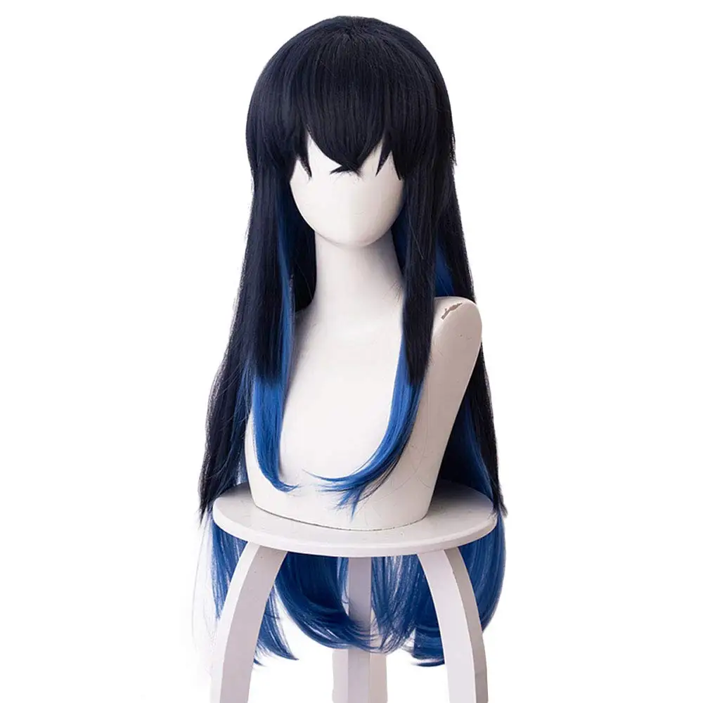 Anime Cosplay Props Demon Hashibira Inosuke Black Mixed Blue Straight hair Wigs