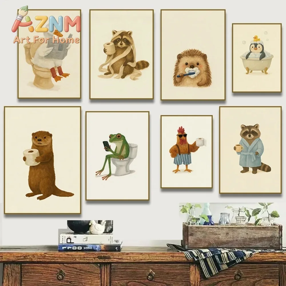Funny Otter Toilet Paper Duck Reading on Toilet Poster Raccoon Animal Wall Art Bathroom Canvas Painting Print Nursery Home Decor