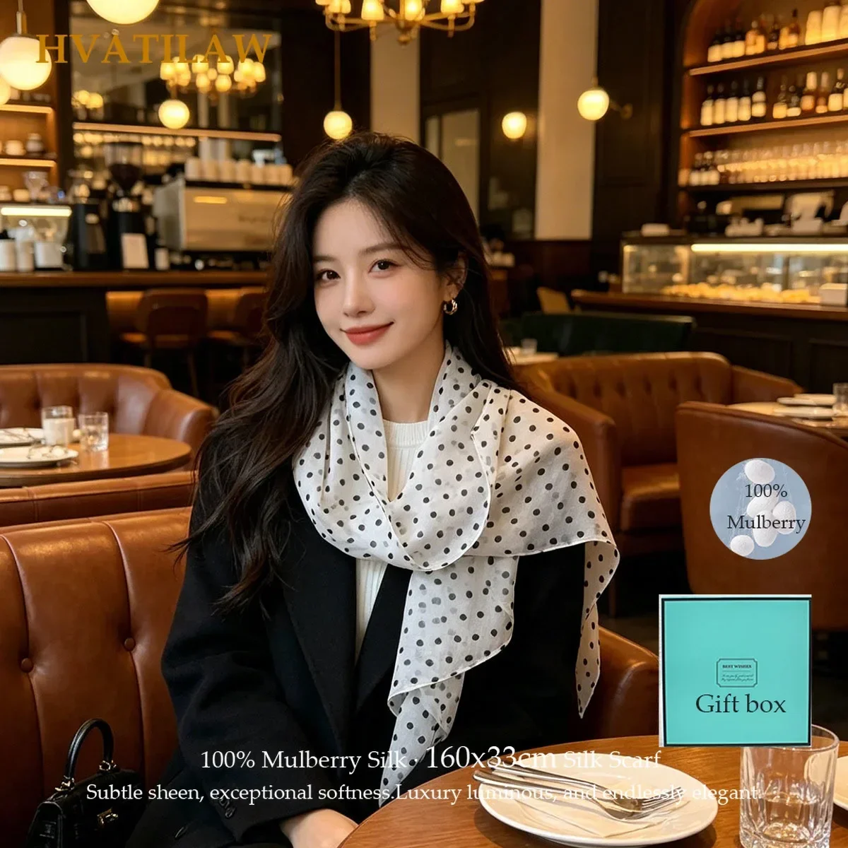 New 100% Mulberry Silk Scarf 160x33cm Women Luxury Narrow Long Scarf Dot Print Silk Chiffon Shawl Wrap Breathable Sun Protection