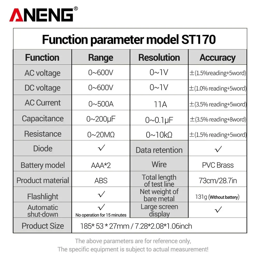 Aneng st170クランプメーターマルチメーターhdバックライト表示画面付きミニアンペリメートクランプテスター非接触電気技師ツール