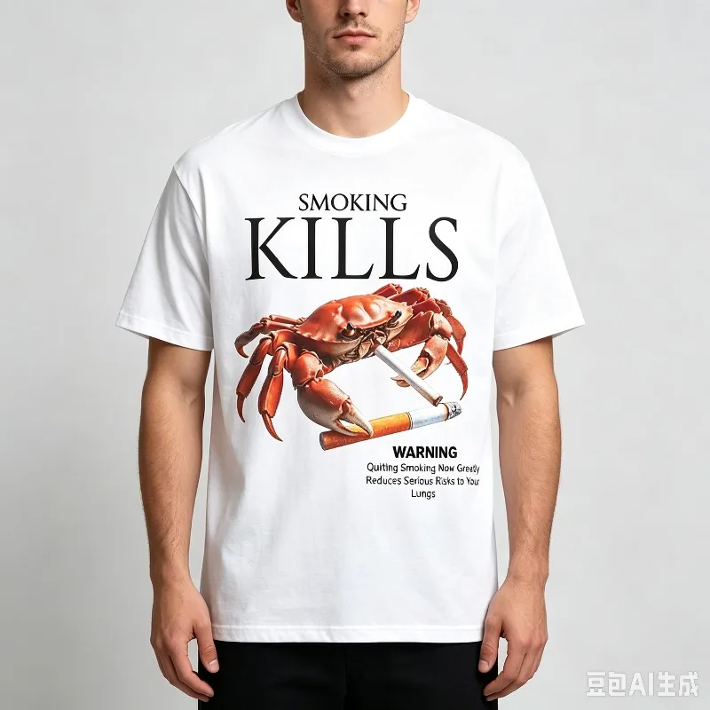 SMOKING KILLS Men’s Funny Crab Warning Print T-Shirt Soft Modal Casual Tee for Street Holiday Party Gift