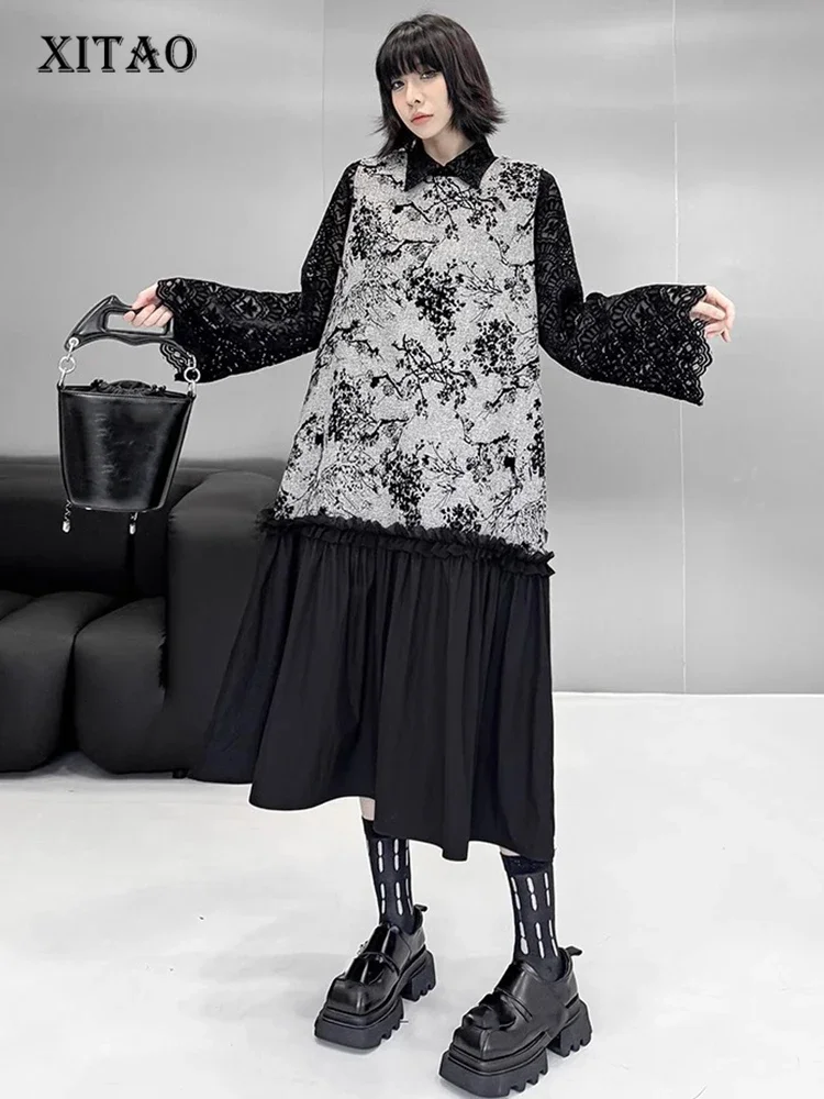 

XITAO Jacquard Patchwork Edible Tree Fungus Dress Pullover Sleeveless Loose Slimming Temperament All Match Mid-calf GMM1289