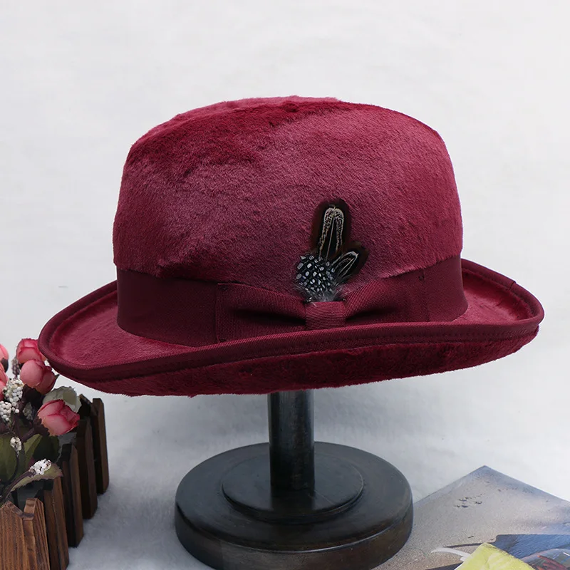 Hamburg Hat New Hat Women\'s Winter British Rabbit Hair Imitation Retro Versatile Mink Fur Top Hat Fashion Men and Women