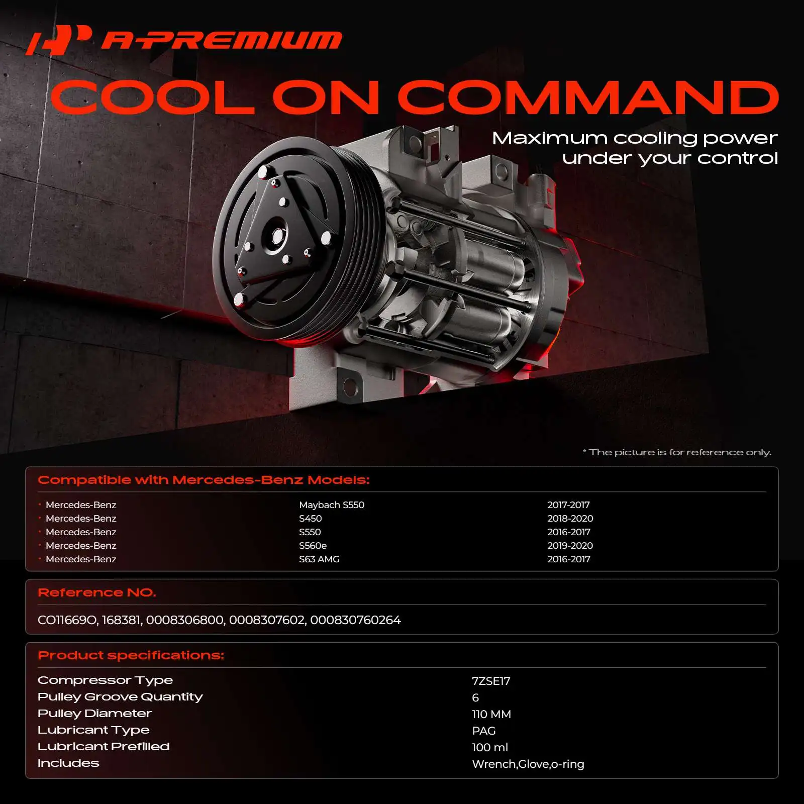 A-Premium AC Compressor with Clutch for Mercedes-Benz S450 2018-2020 S550 S63 AMG 2016-2017 S560e 2019-2020 Maybach S550 2017
