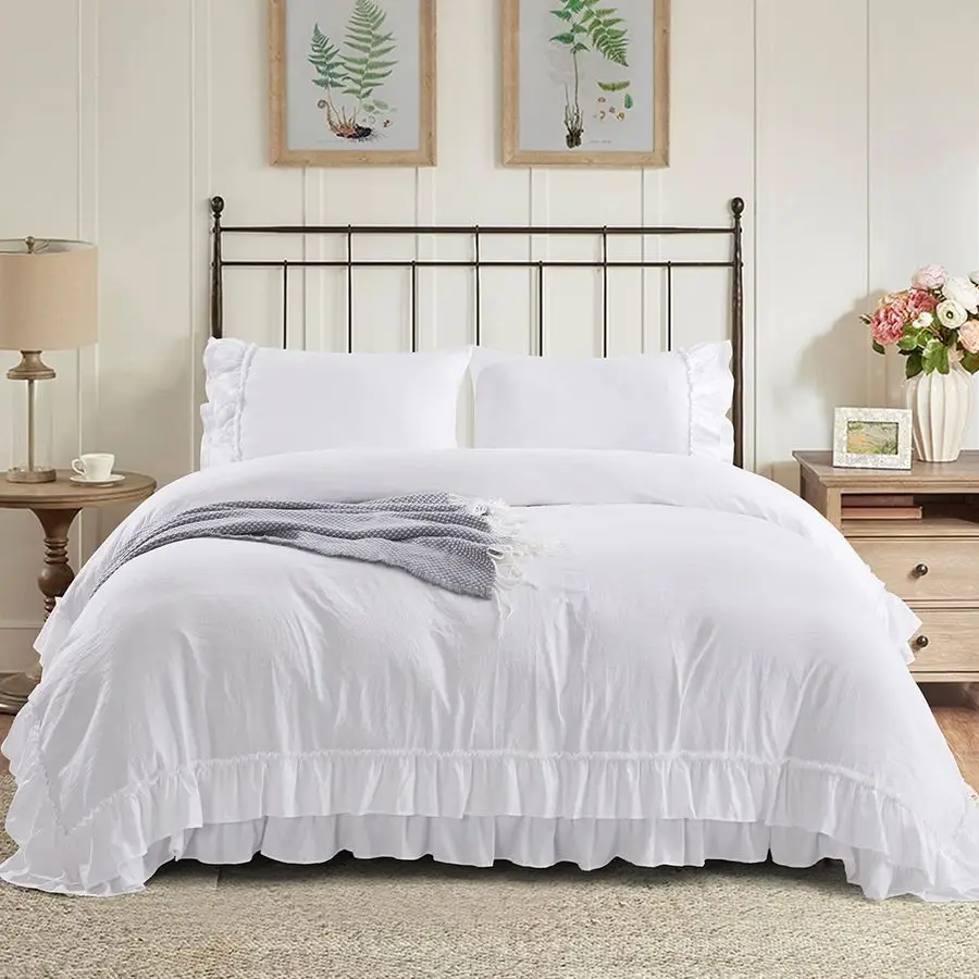 

3 Piece PreWashed Queen Off White Duvet Cover Set 2 Layers Ruffle with Solid Color Design Farmhouse Style Farmer House Comforter