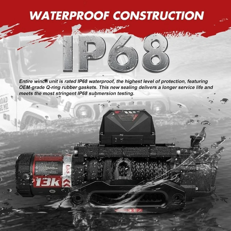 ونش كهربائي 13000 رطل. سعة تحميل بحبل صناعي بطول 79 قدمًا و Hawse Fairlead 12V IP68 مقاوم للماء، سلكيًا وسلكيًا
