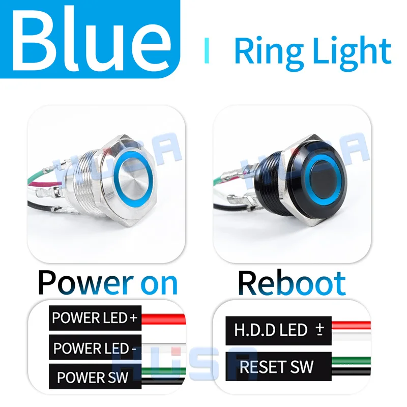 12/16/19/22mm PC LED Computer Host Power Reboot Metall Knopfschalter DIY mit Draht 60cm Motherboard Kabel weiß/blau/gelb/rot