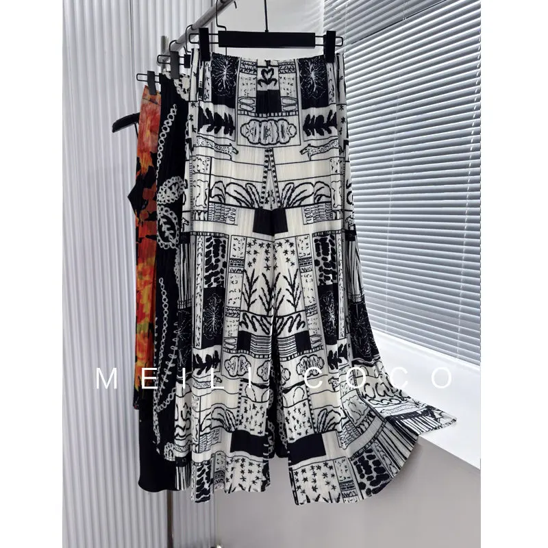 Women's Black White Art Pattern Pleated Wide-Leg Pants Loose Silhouette Soft Fabric Fashion Casual Daily Wear 2025 Trendy Chic