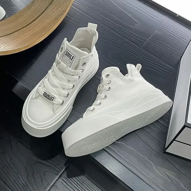 2024 Summer New High-top Canva Women\'s Shoes Casual White Platform Breathable Shoes Thick Soles Vulcanized For Women