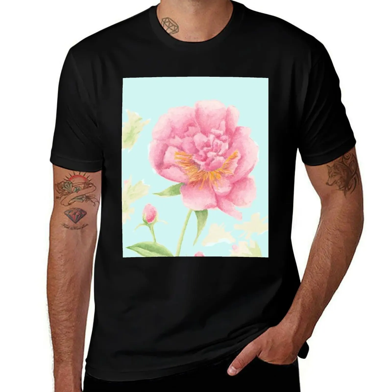Peony Flower Watercolor Painting on Background T-Shirt Christmas Casual Short Sleeve Top T-Shirt