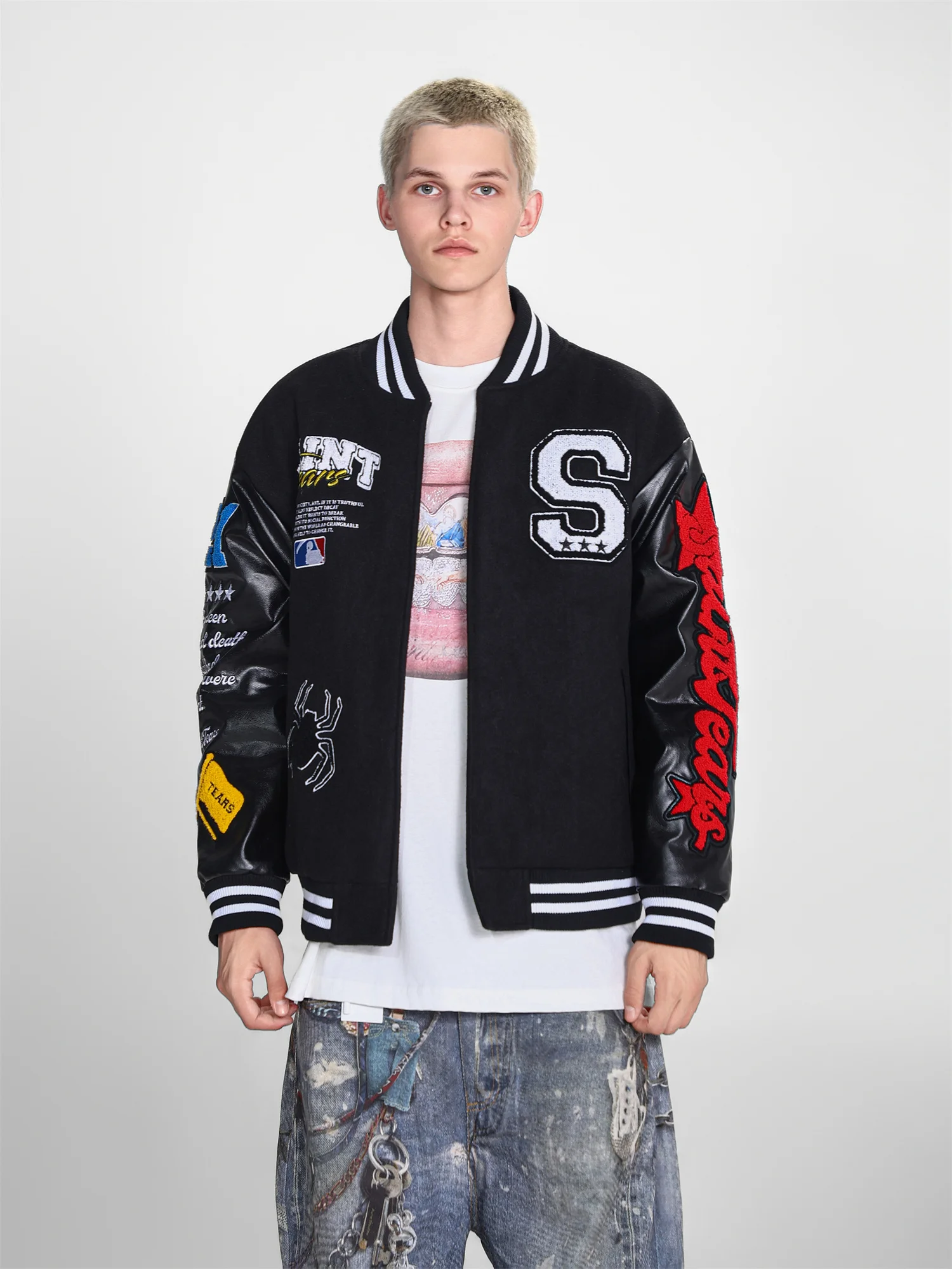 

American Sle Baseball Stitched Patch Fly Jaet Men's Trendy Outerwear Loose Fit Simple Sle Long Sve Spring Autumn Winter