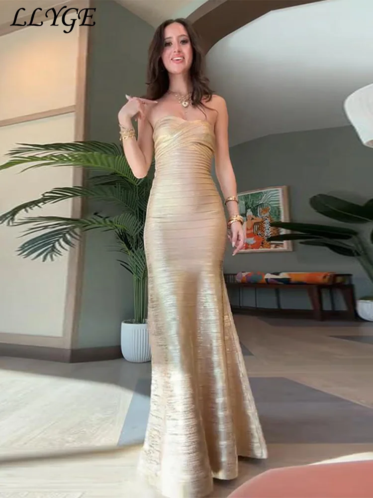 Sexy trägerloses langes Meerjungfrau-Partykleid für Damen, plissiert, ärmellos, rückenfrei, Hüftpaket-Kleider, 2022, Sommer-Dame-Abendkleid