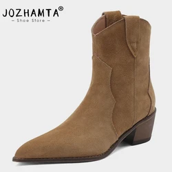 JOZHAMTA Size 34-43 Women Western Cowboy Boots Suede Genuine Leather Thick Heels Winter Shoes For Women Cowgirl Heel Short Boot