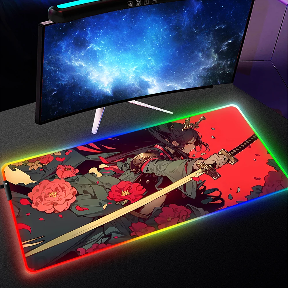 Alfombrillas de teclado RGB japonés Samurai, alfombrilla de ratón para juegos de Pc, alfombrilla de ratón de velocidad luminosa para juegos, alfombrilla de ratón retroiluminada XXL