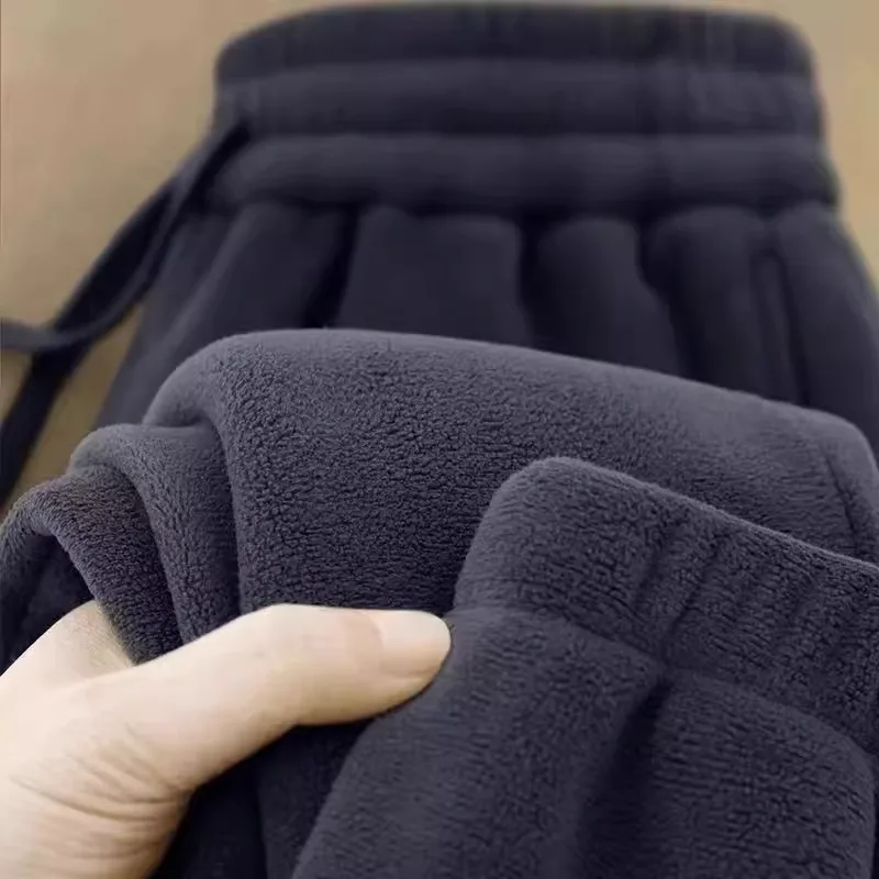 Double-Sided Fleece Thickened Warm Casual Pants for Men Autumn Winter Loose Fit Sweatpants Polyester Fiber Belted Cuffed