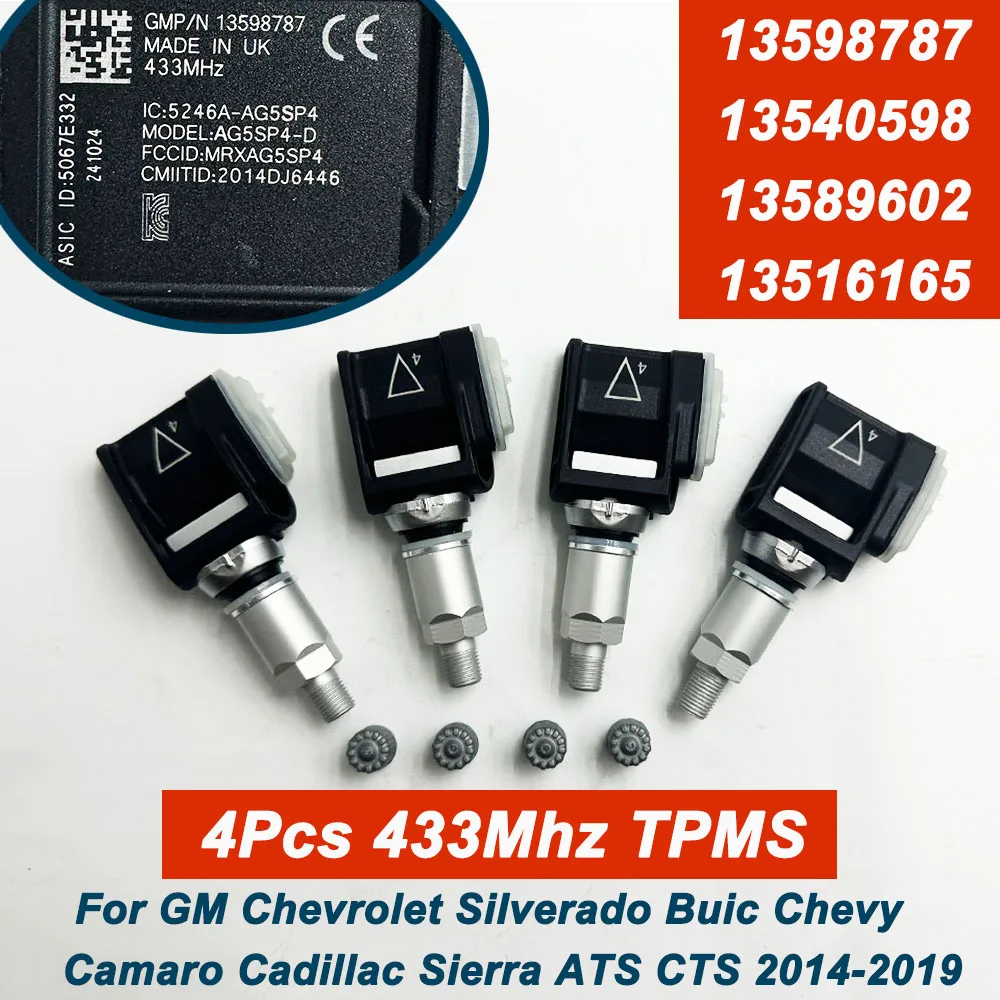 

4Pcs OEM 13598787 13540598 13589602 13516165 For 2014-2019 Cadillac ATS CTS Chevrolet Camaro 433MHZ TPMS Tire Pressure Sensor