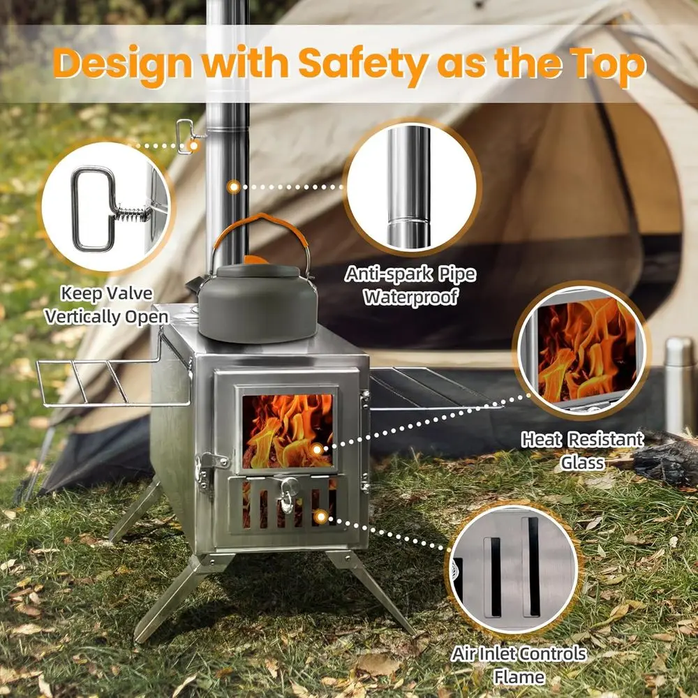 Holzofen, tragbarer Campingkocher mit Kaminrohren, Frontfenster, Seitenständer, Mini-Holzofen für Außenzelt, Kookout, Tr