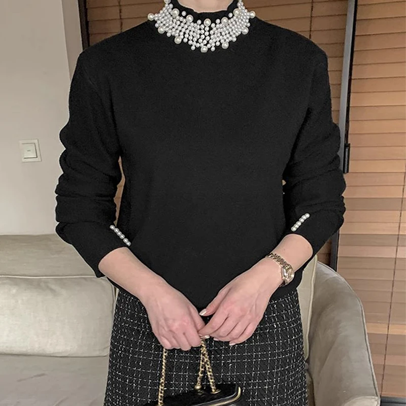 Mock Neck Beading Crop Top Knitted Sweater Winter Pullover Lazy Oaf Fall Vintage Korean Blusa Termica Black White Blusa Tricot