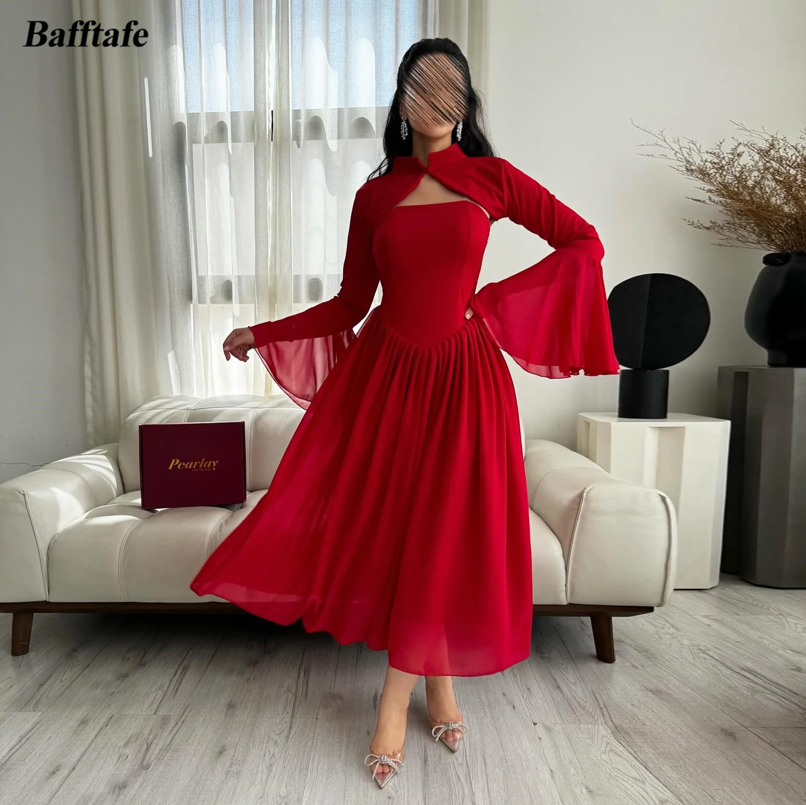 

Bafftafe 2 Pieces Red Chiffon Prom Dresses With Long Sleeves Jacket Evening Gowns Ankle Length Women Formal Special Party Dress