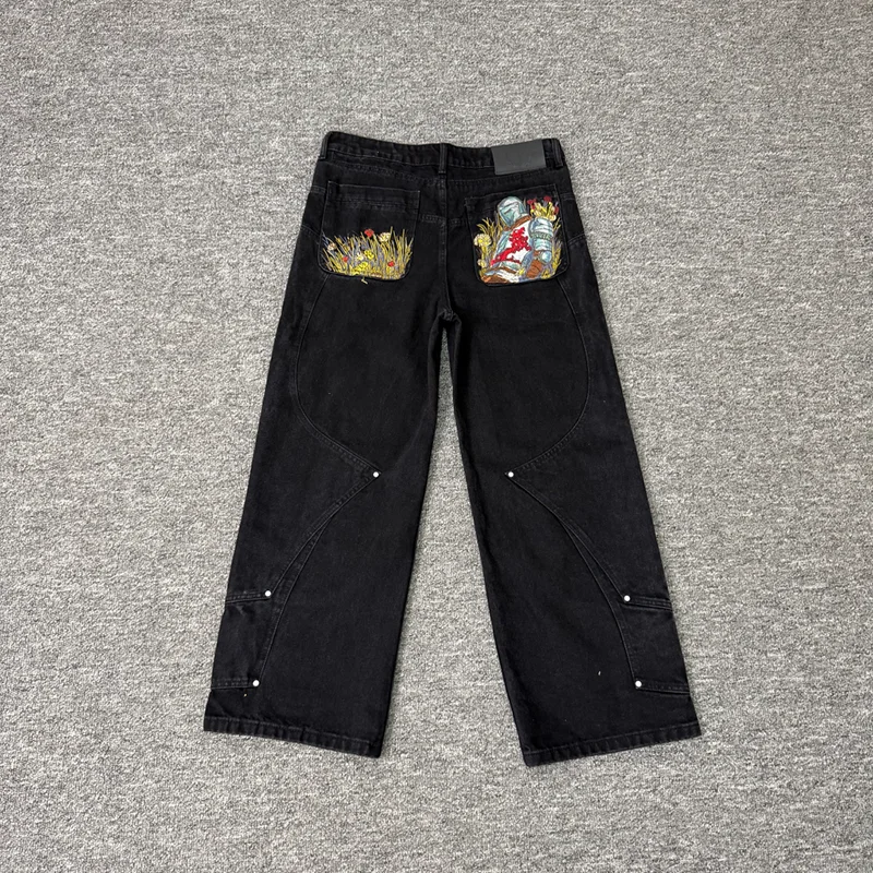 New Vescartes Men Jeans, Art Painted Knight Floral Double Pocket Embroidery Black Drape Loose Straight Wide Leg Trousers
