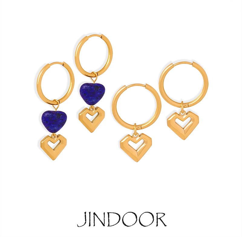 JINDOOR Titanium Steel Plated 18k Gold Women Hoops Charm Baroque Heart Hollow Natural Stone Earrings