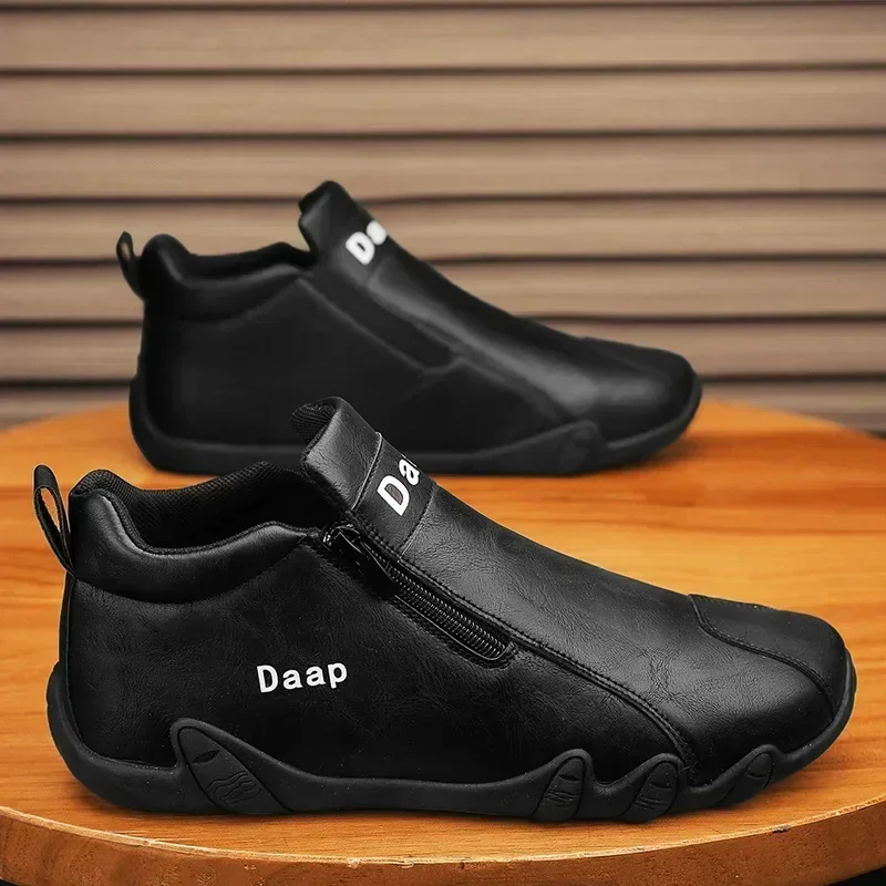 Men Leather Shoes Luxury Designer Slip on Loafers Ankle Casual Boots with Zipper Comfortable Formal Dress Flats Driving Moccasin