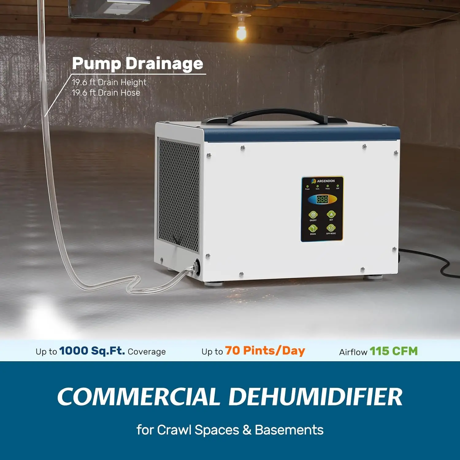 Dehumidifier with Pump, 70 Pint Energy Star Commercial Dehumidifier for Basement with Drain Hose, Auto Defrost, Memory Starting