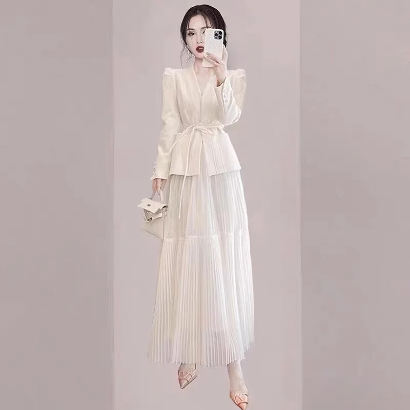 Elegant Spring Office Ladies 2 Piece Set Women V Neck Lace Up Pockets Puff Sleeve Blazer Coat + Mesh Long Pleated Skirt Suits