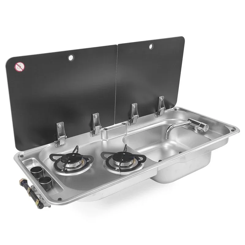Estufa de Gas RV, fregadero rectangular de acero inoxidable de dos quemadores combinado con 2 tapas de vidrio, 2,2 kW, 0,8 MM de espesor para cocina de coche