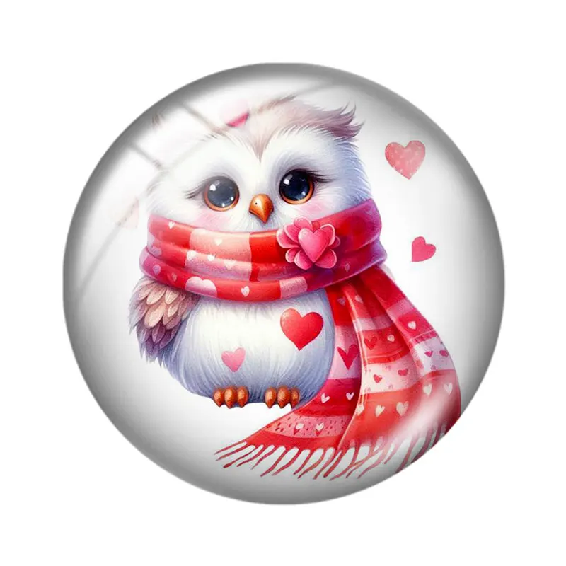 Funny Valentine Day Owl 10pcs Mix 12mm/18mm/20mm/25mm Round Photo Glass Cabochon Demo Flat Back Making Findings