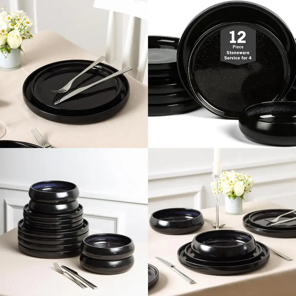 

Black Stoneware 12-Piece Dinnerware Set, Microwave & Dishwasher Safe, 4-Person Plate and Bowl Set