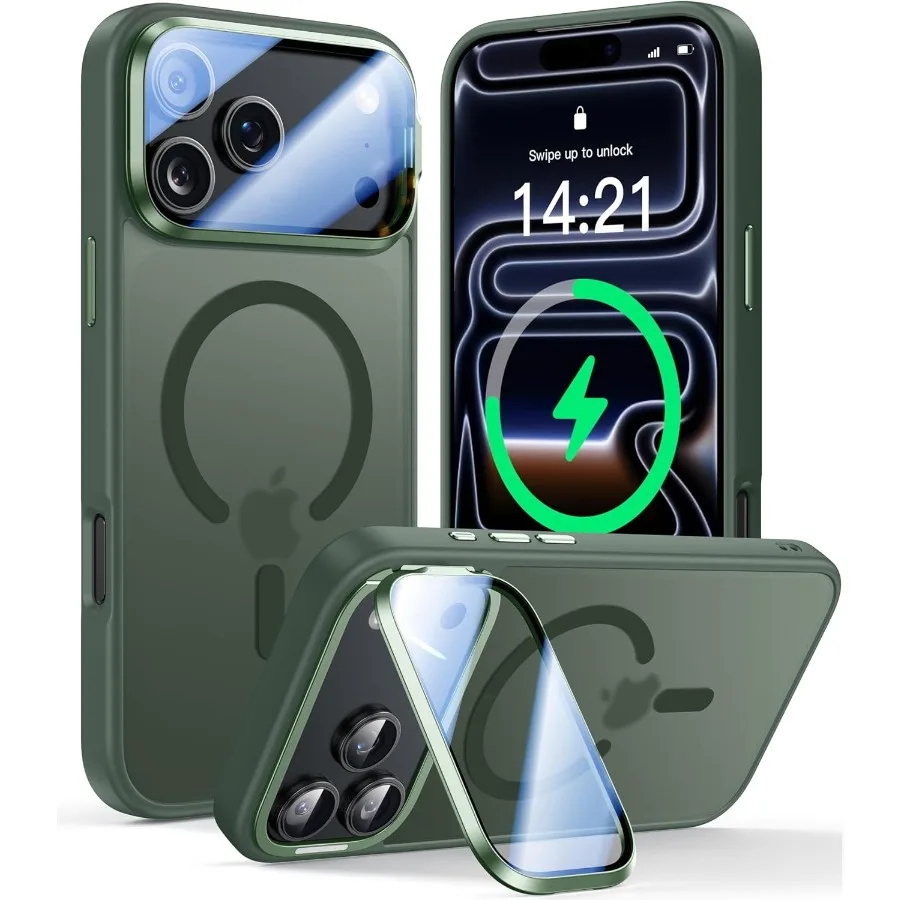 حافظة حماية كاملة مطورة لهاتف iPhone 17 Pro مع حامل غطاء كاميرا مناسب لـ MagSafe 10FT Mil-grade Protection Transl