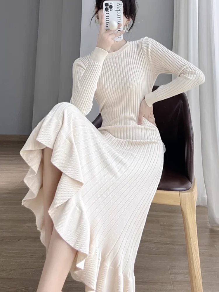 

Spring Autumn Cashmere Knitted Dress Women High Lapel Fasion Sweater Pullover Round Collar Cashmere Knee Length Dress CQ342