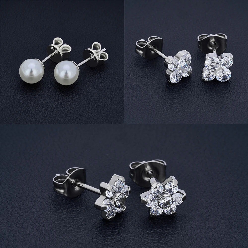 

G23 Titanium Earrings Piercing 4 diamond flower Butterfly buckle Stud Ear Tragus Cartilage 16G ASTM F136 Titanium Body Jewelry