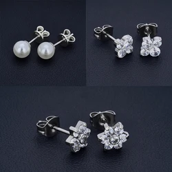 G23 Titanium Earrings Piercing  4 diamond flower Butterfly buckle Stud Ear Tragus Cartilage 16G ASTM F136 Titanium Body Jewelry