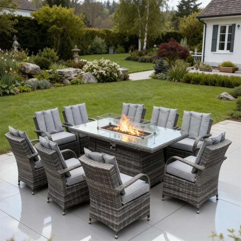 All-Weather Custom Rattan Outdoor Patio Furniture Set with Fire Pit Table | 8-Seater Wicker Garden Sofa Set with Glass Top