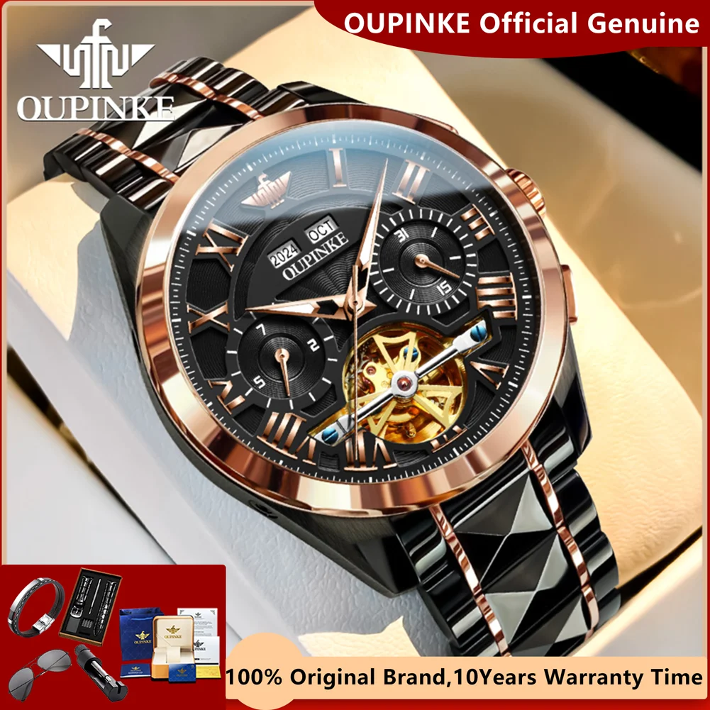 OUPINKE Fully Automatic Watch for Men Roman Numeral Dial Tungsten Steel Strap Skeleton Luxury Chronograph Mechanical Wristwatch