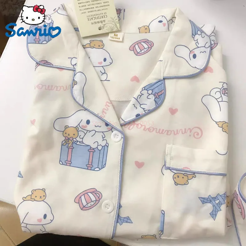 

Sanrio Kawaii Pajamas Cinnamoroll Kuromi Melody Y2k Set Short Sleeves Women Summer Student Stripe Home Sleepwear Indoor Clothing